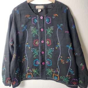 Lifestyle Blouse Womens Large Black Embroidered Floral Silk Front Tunic Boho